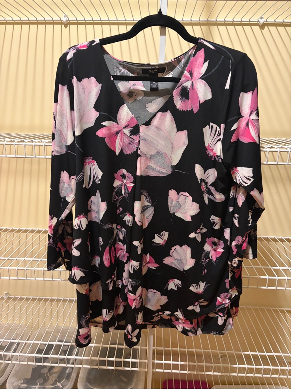 Alfani Black Floral V-Neck Blouse with Pink Accents